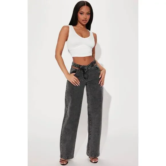 Fashion Nova Got A Secret V Front Straight Leg High Rise Jeans Size 18 NWT Gray - Picture 1 of 12